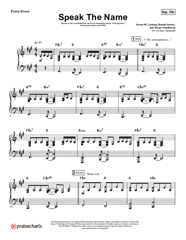 Speak The Name Piano Sheet (Print Only) (Koryn Hawthorne / Natalie Grant)
