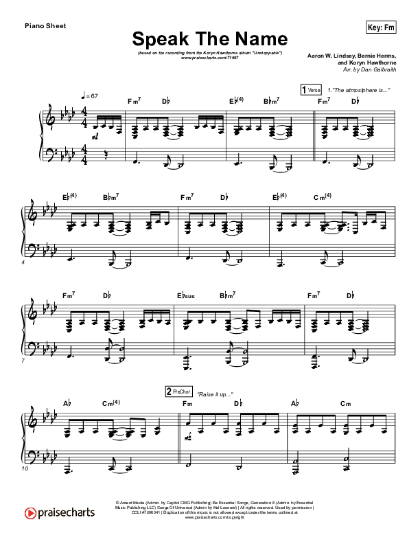 Speak The Name Piano Sheet (Print Only) (Koryn Hawthorne / Natalie Grant)