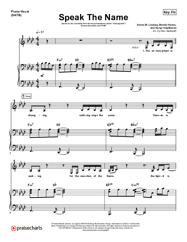 Speak The Name Piano/Vocal (Print Only) (Koryn Hawthorne / Natalie Grant)