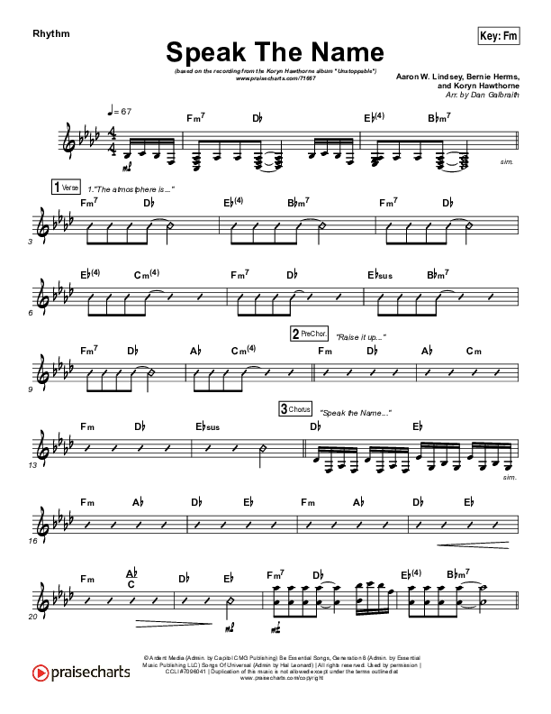Speak The Name Rhythm Chart (Print Only) (Koryn Hawthorne / Natalie Grant)