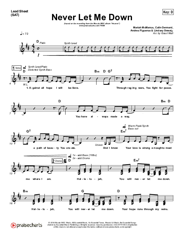 Never Let Me Down Lead Sheet (SAT) (Mosaic MSC)