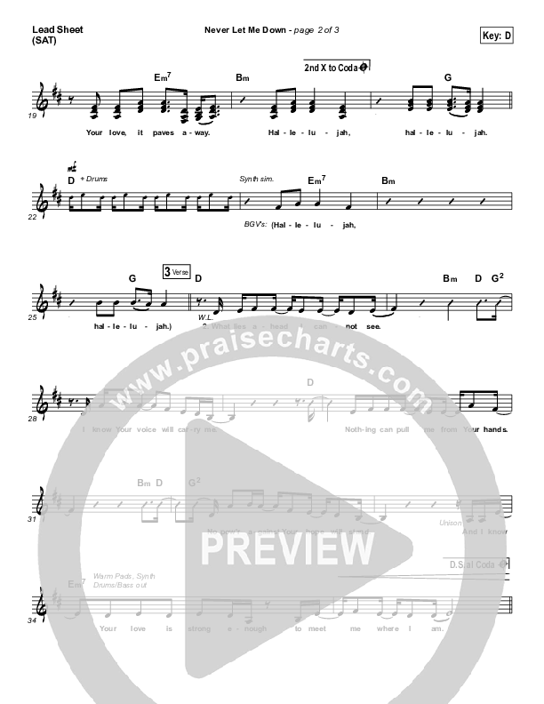 Never Let Me Down Lead Sheet (SAT) (Mosaic MSC)