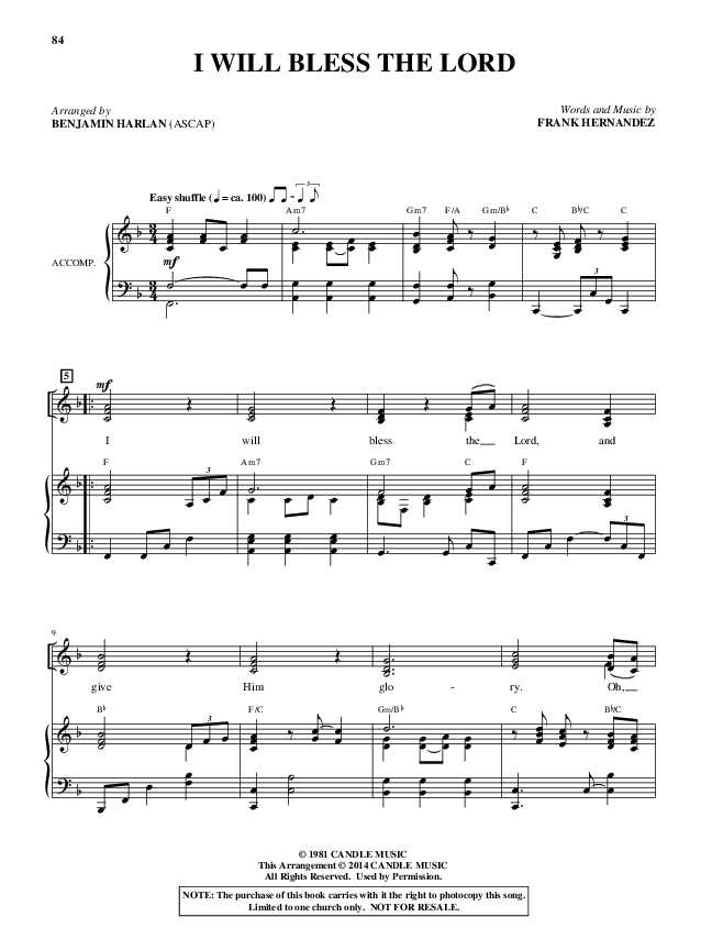 I Will Bless The Lord (Choral Anthem SATB) Piano/Vocal (Alfred Sacred)