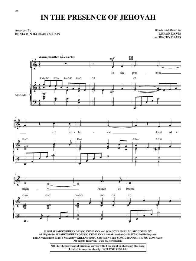In The Presence Of Jehovah (Choral Anthem SATB) Piano/Vocal (Alfred Sacred)