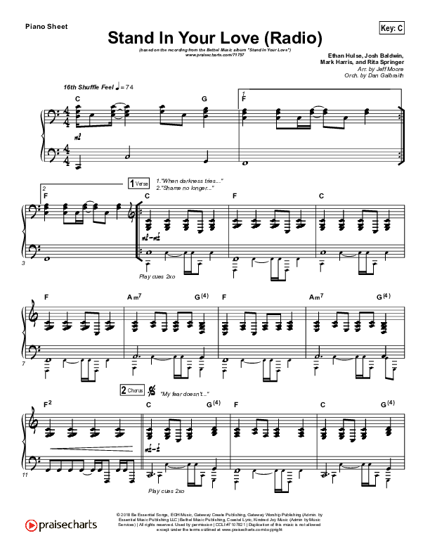 Stand In Your Love (Radio) Piano Sheet (Bethel Music / Josh Baldwin)