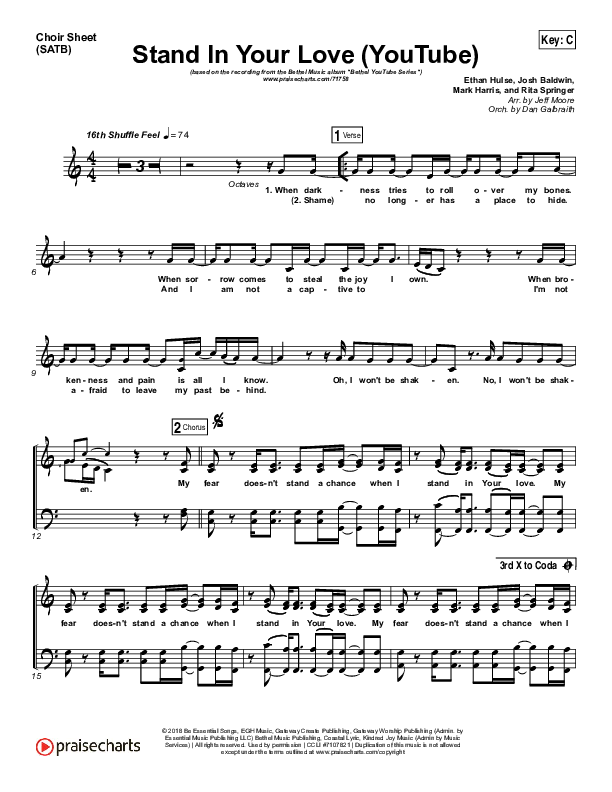 Stand In Your Love (YouTube) Choir Sheet (SATB) (Bethel Music / Josh Baldwin)