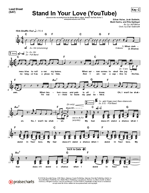 Stand In Your Love (YouTube) Lead Sheet (SAT) (Bethel Music / Josh Baldwin)