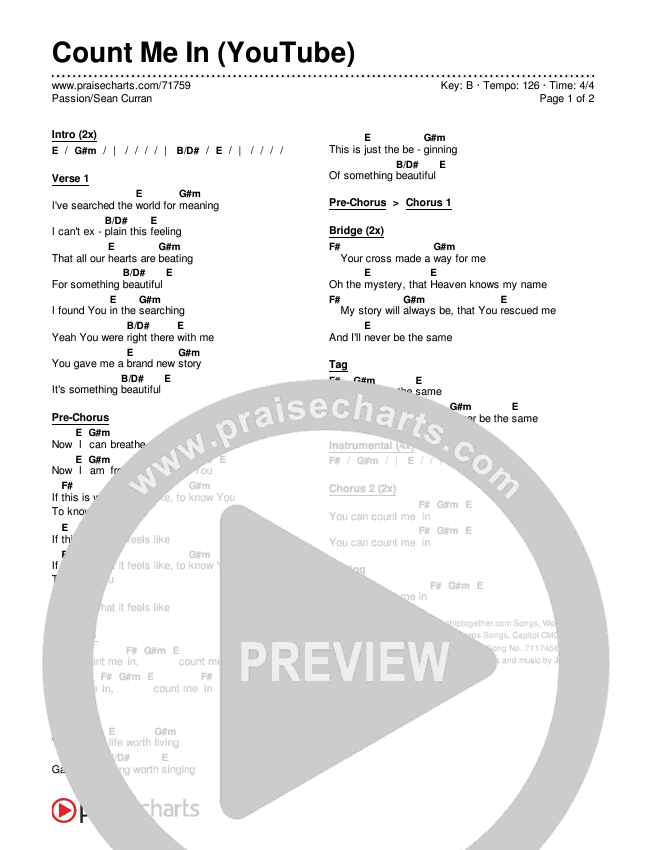 Count Me In Youtube Chords Pdf Passion Sean Curran Praisecharts