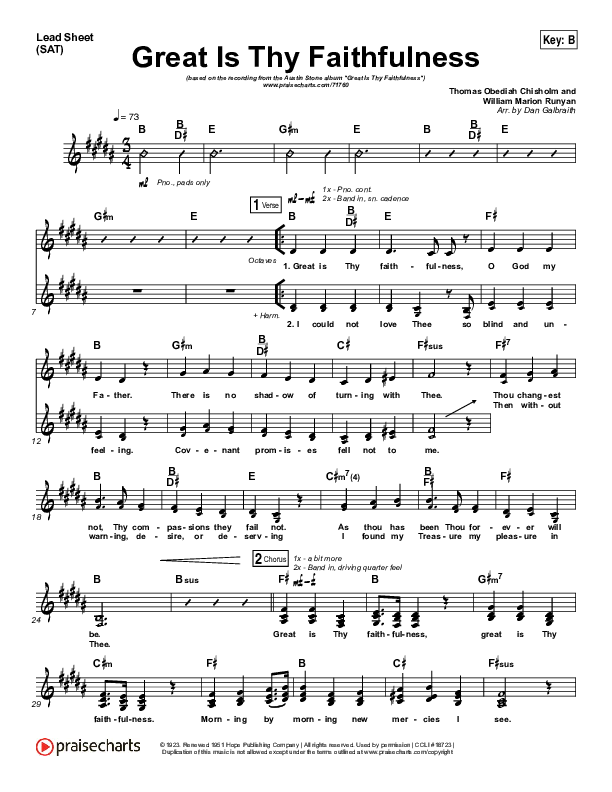 Great Is Thy Faithfulness Lead Sheet (SAT) (Austin Stone Worship)