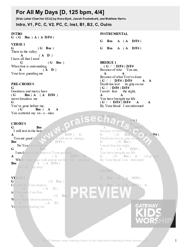 For All My Days Chord Chart (Gateway Kids Worship)