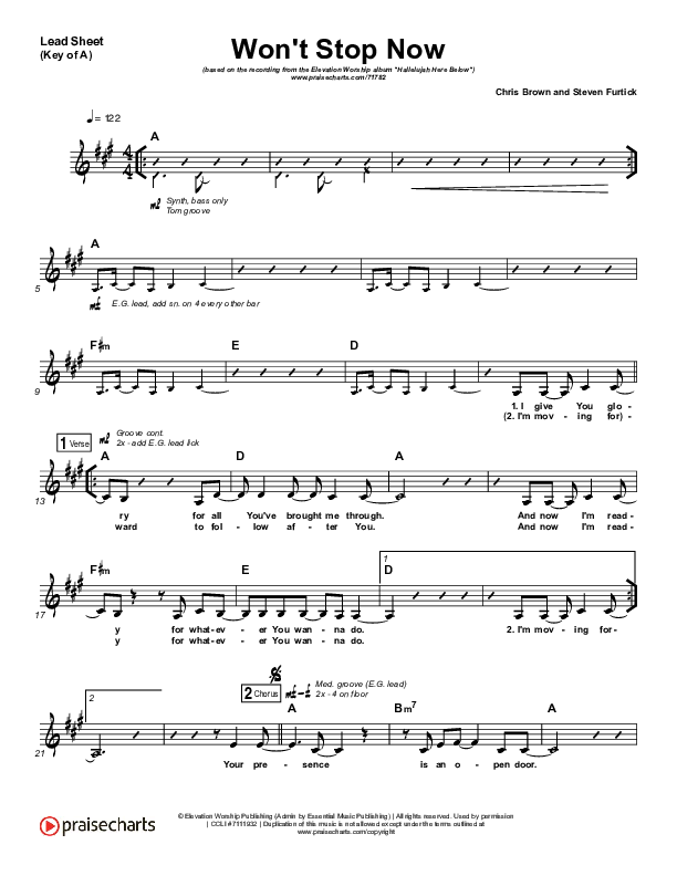 Won't Stop Now Lead Sheet (Melody) (Elevation Worship)