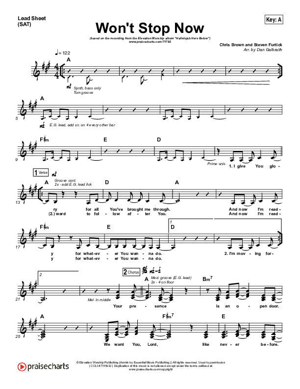 Won't Stop Now Lead Sheet (SAT) (Elevation Worship)