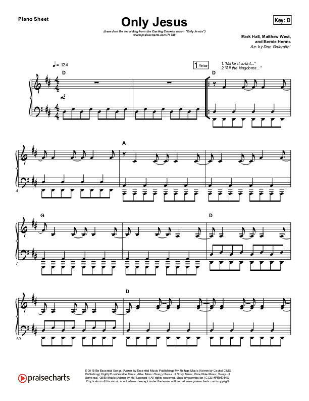 Only Jesus Piano Sheet (Print Only) (Casting Crowns)