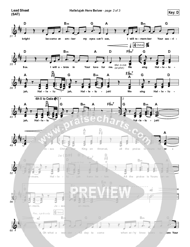 Hallelujah Here Below Lead Sheet (SAT) (Elevation Worship)