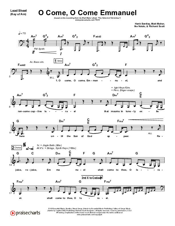 O Come O Come Emmanuel Lead Sheet (Melody) (Matt Maher)