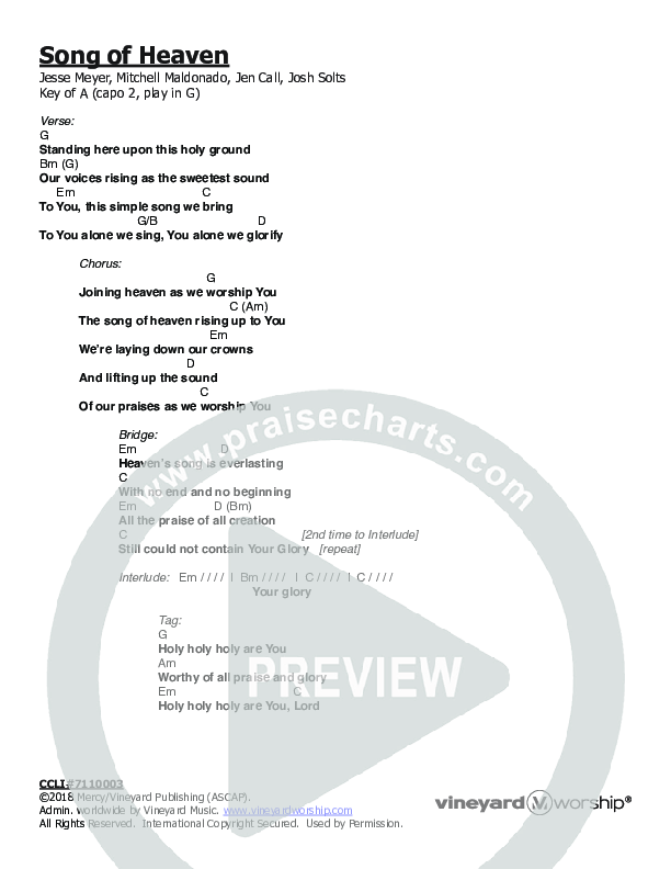 Song Of Heaven Chords & Lyrics (Vineyard Worship)