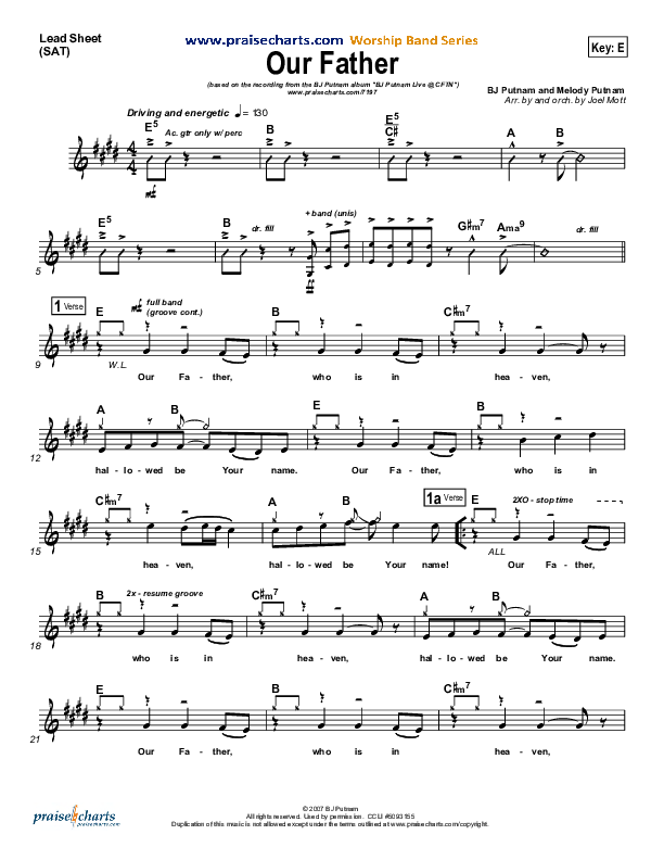 Our Father Lead Sheet (SAT) (BJ Putnam)
