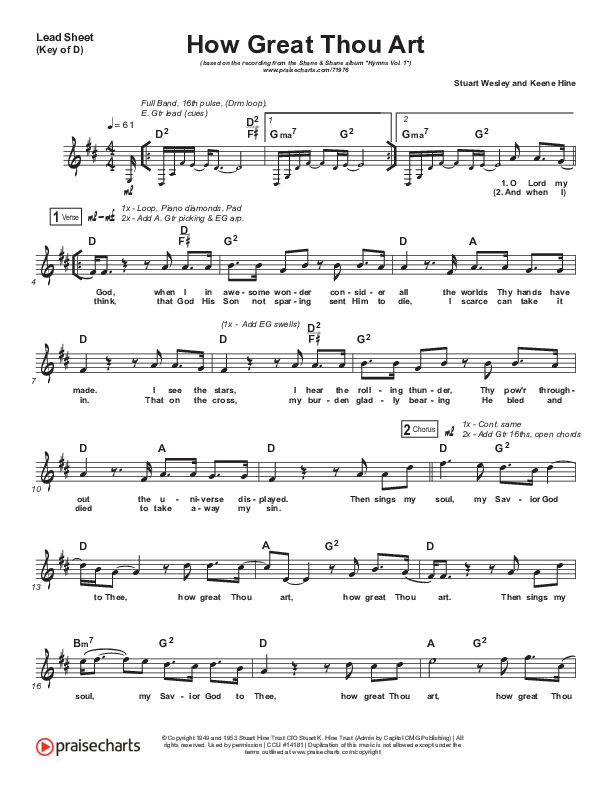 How Great Thou Art Lead Sheet (Mel) (Shane & Shane / The Worship Initiative)