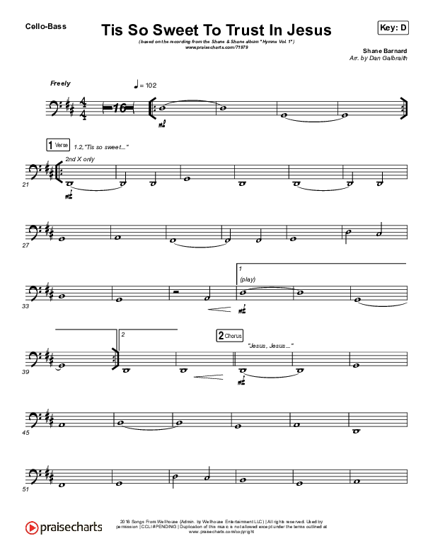 Tis So Sweet To Trust In Jesus Cello/Bass (Shane & Shane / The Worship Initiative)