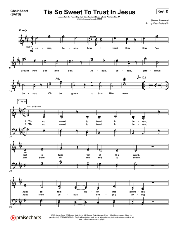 Tis So Sweet To Trust In Jesus Choir Sheet (SATB) (Shane & Shane / The Worship Initiative)