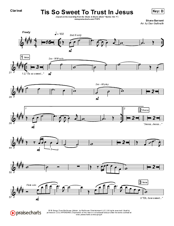 Tis So Sweet To Trust In Jesus Clarinet (Shane & Shane / The Worship Initiative)