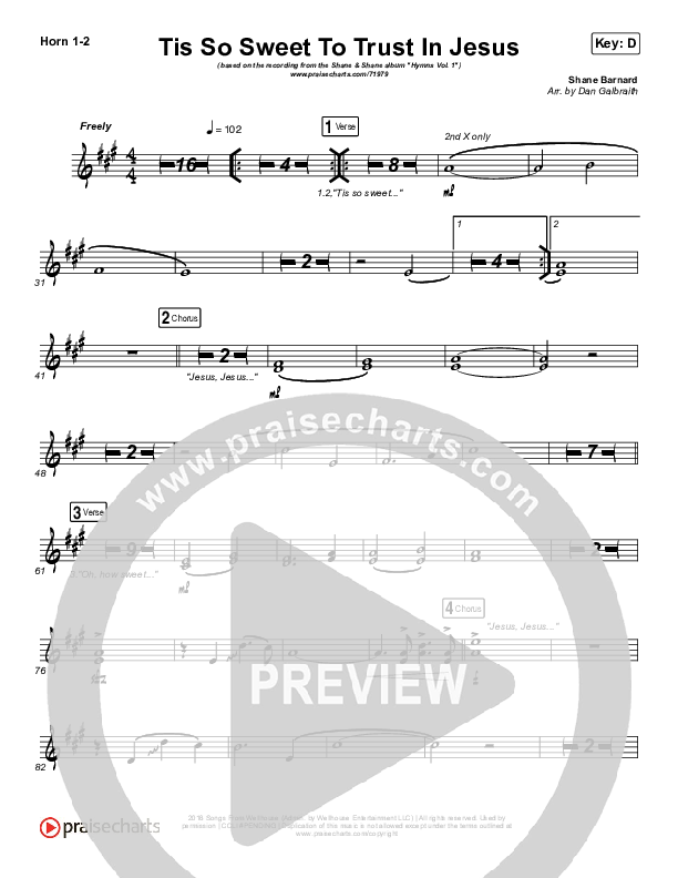 Tis So Sweet To Trust In Jesus French Horn 1/2 (Shane & Shane / The Worship Initiative)
