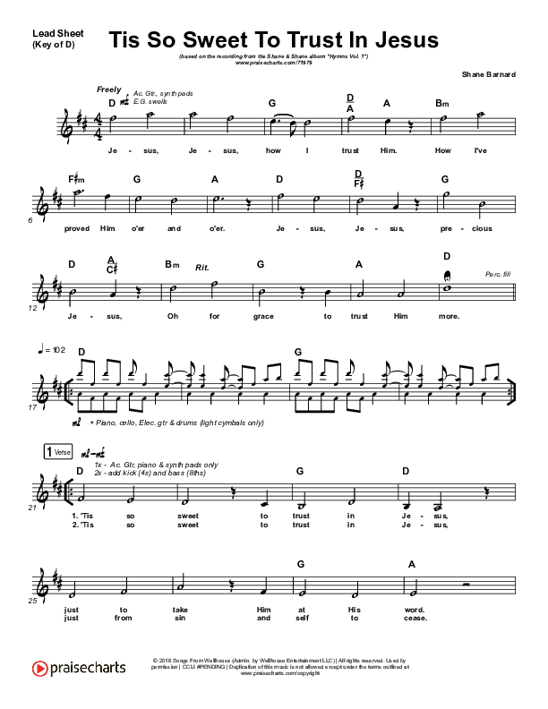 Tis So Sweet To Trust In Jesus Lead Sheet (Melody) (Shane & Shane / The Worship Initiative)