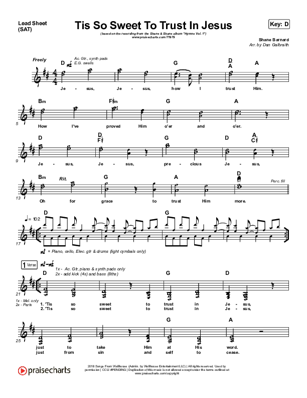 Tis So Sweet To Trust In Jesus Lead Sheet (SAT) (Shane & Shane / The Worship Initiative)