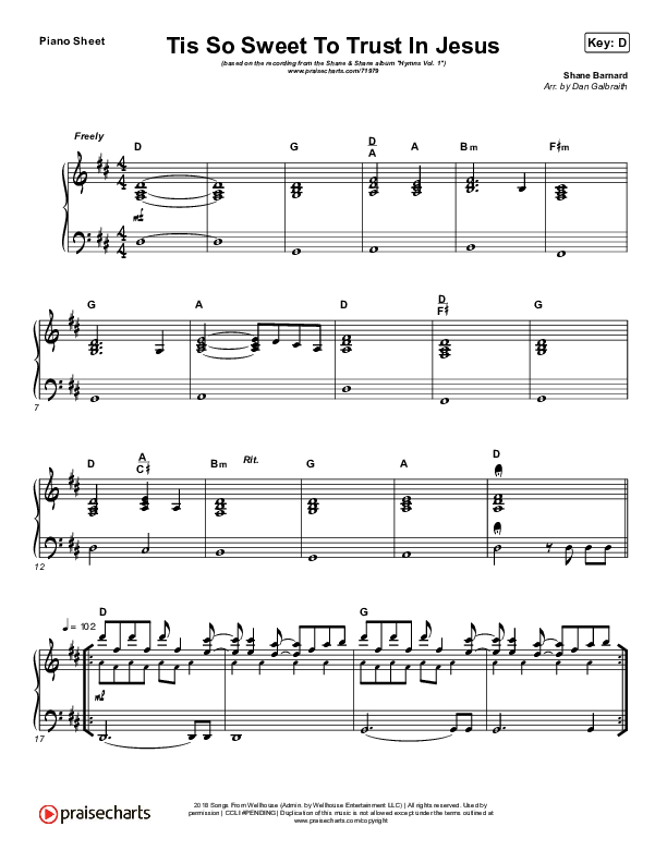 Tis So Sweet To Trust In Jesus Piano Sheet (Shane & Shane / The Worship Initiative)