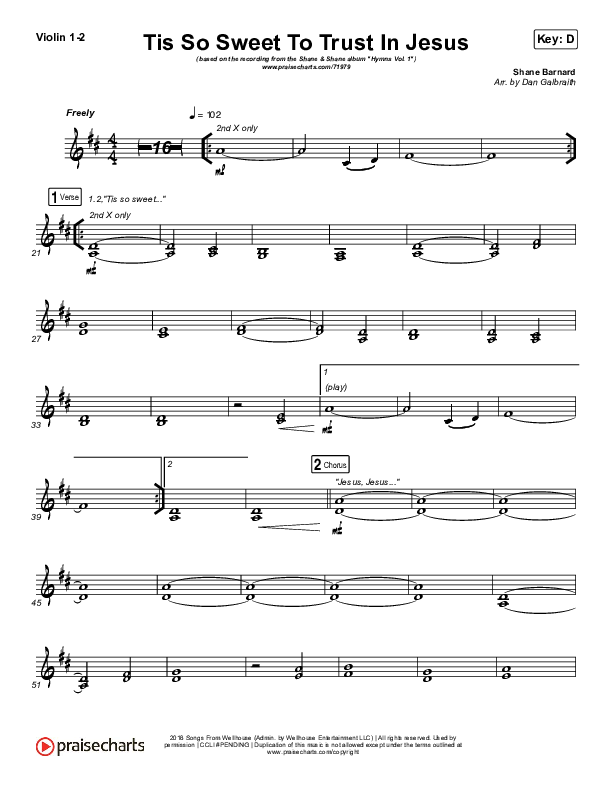 Tis So Sweet To Trust In Jesus Violin 1/2 (Shane & Shane / The Worship Initiative)