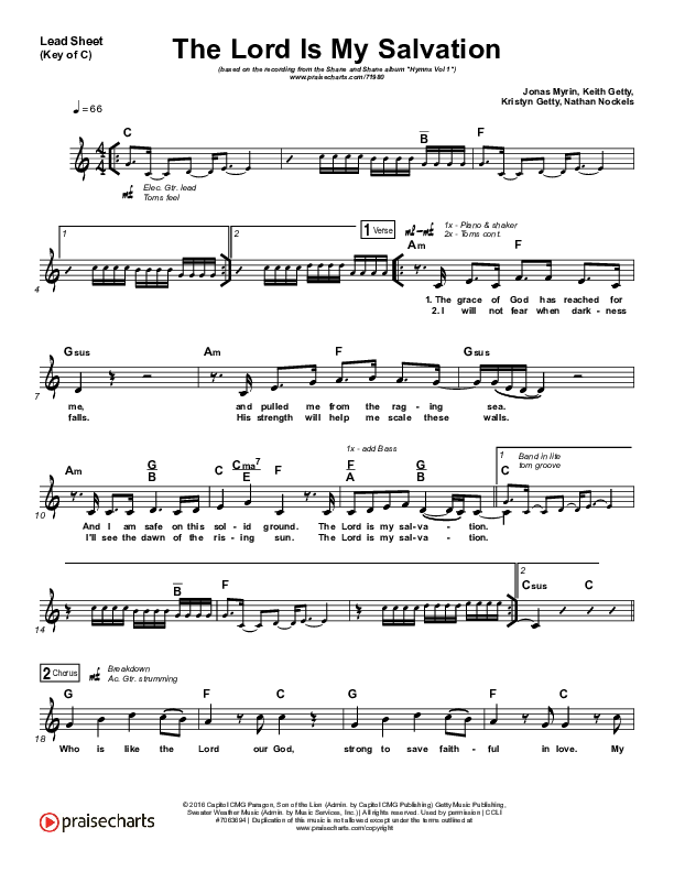 The Lord Is My Salvation Lead Sheet (Melody) (Shane & Shane / The Worship Initiative)