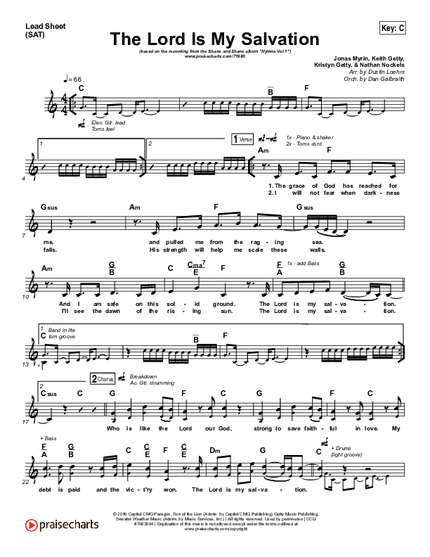 The Lord Is My Salvation Lead Sheet (SAT) (Shane & Shane / The Worship Initiative)