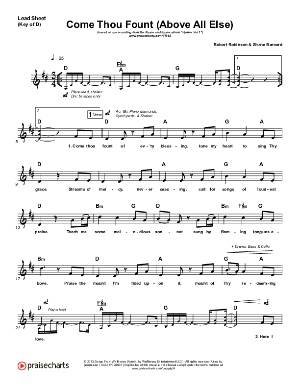 Come Thou Fount (Above All Else) Lead Sheet (Melody) (Shane & Shane / The Worship Initiative)