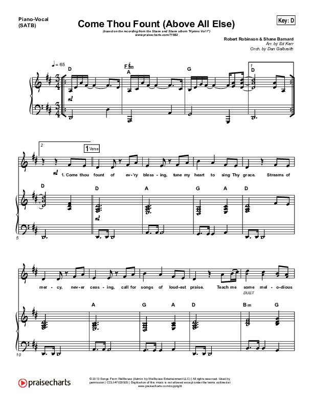 Come Thou Fount (Above All Else) Piano/Vocal (SATB) (Shane & Shane / The Worship Initiative)