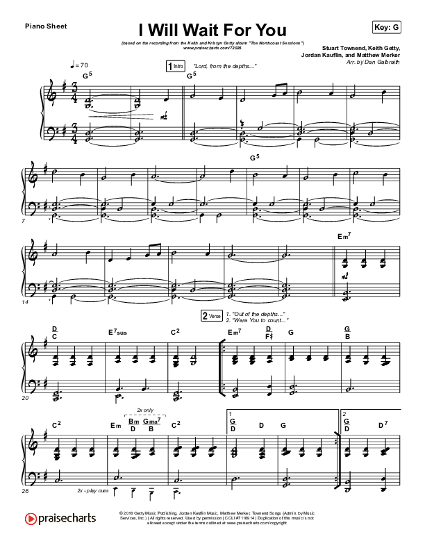 I Will Wait For You (Psalm 130) Piano Sheet (Keith & Kristyn Getty)