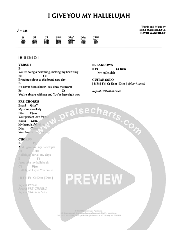 I Give You My Hallelujah Chord Chart (Hillsong Kids)