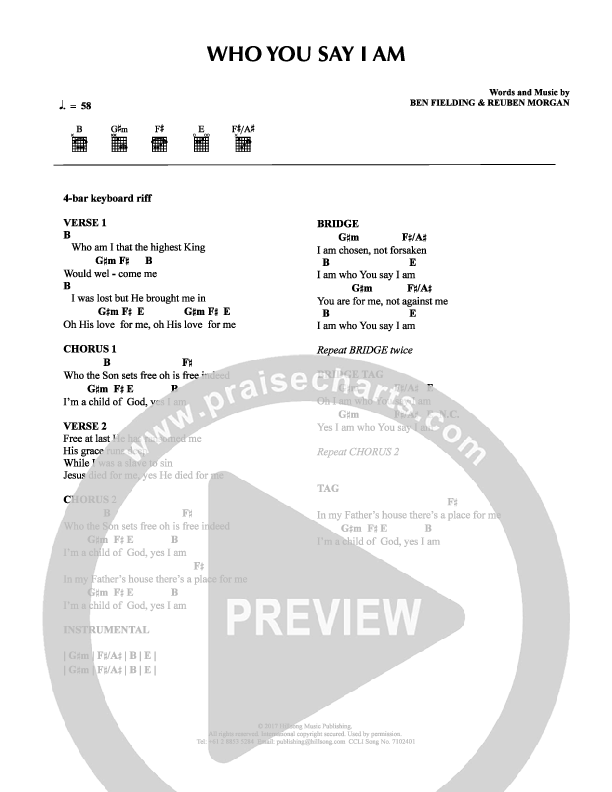 Who You Say I Am Chord Chart (Hillsong Kids)