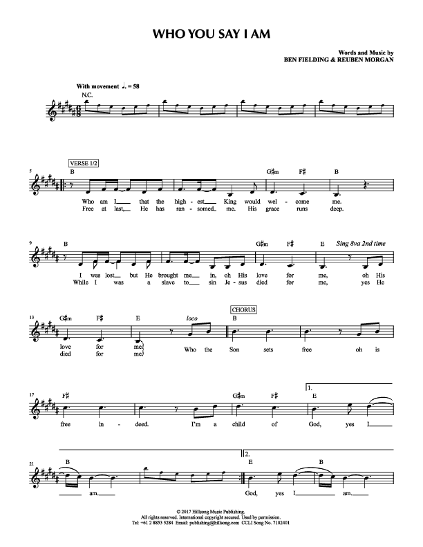 Who You Say I Am Lead Sheet (Hillsong Kids)