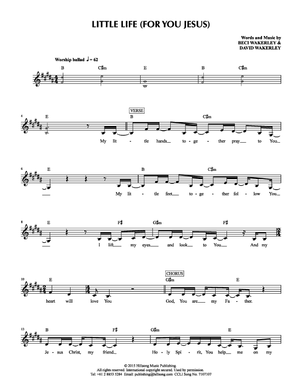 Little Life (For You Jesus) Lead Sheet (Hillsong Kids)
