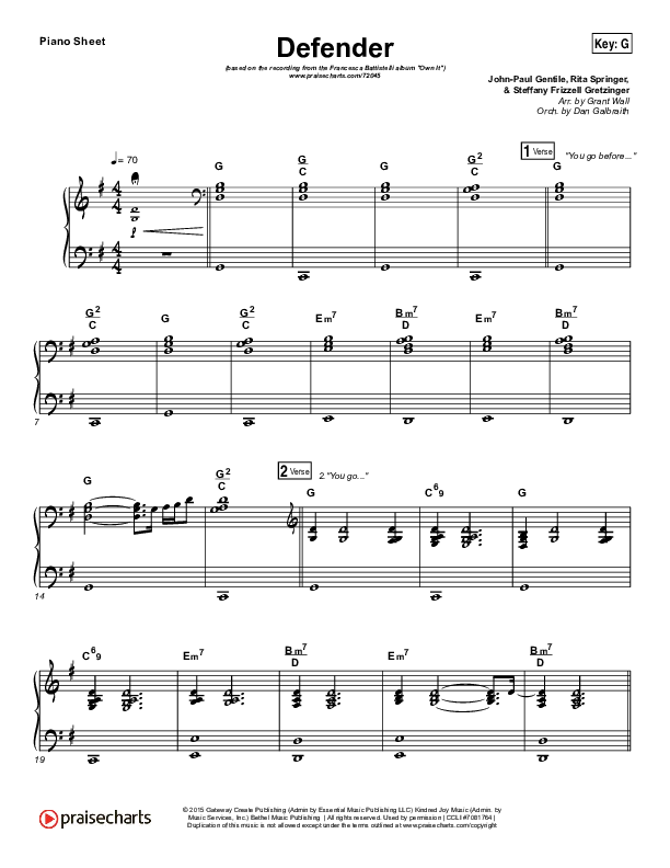 Defender Piano Sheet (Francesca Battistelli)