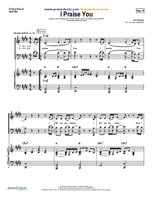 I Praise You Piano/Vocal (BJ Putnam)