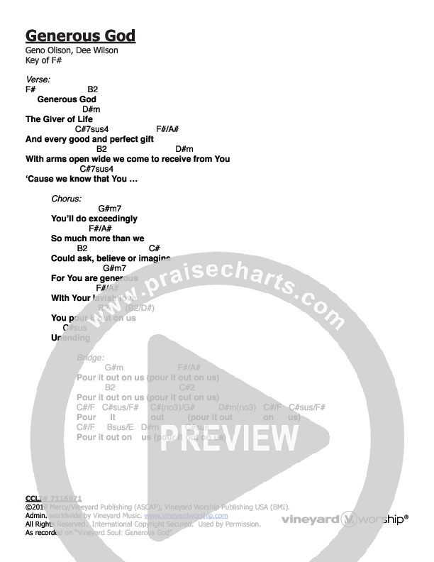 Generous God Chord Chart (Vineyard Music)