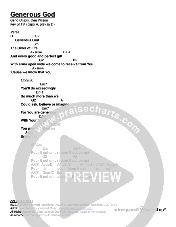 Generous God Chord Chart (Vineyard Music)