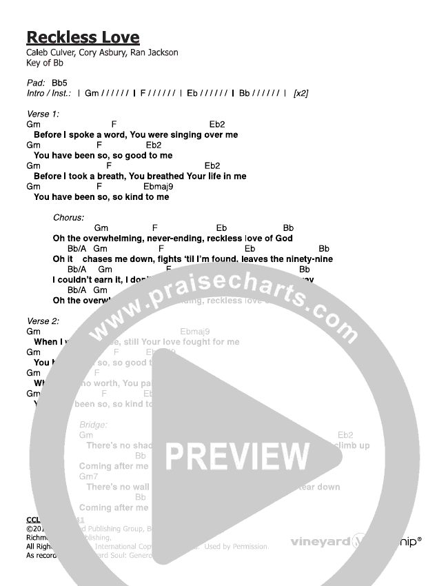 Reckless Love Chord Chart