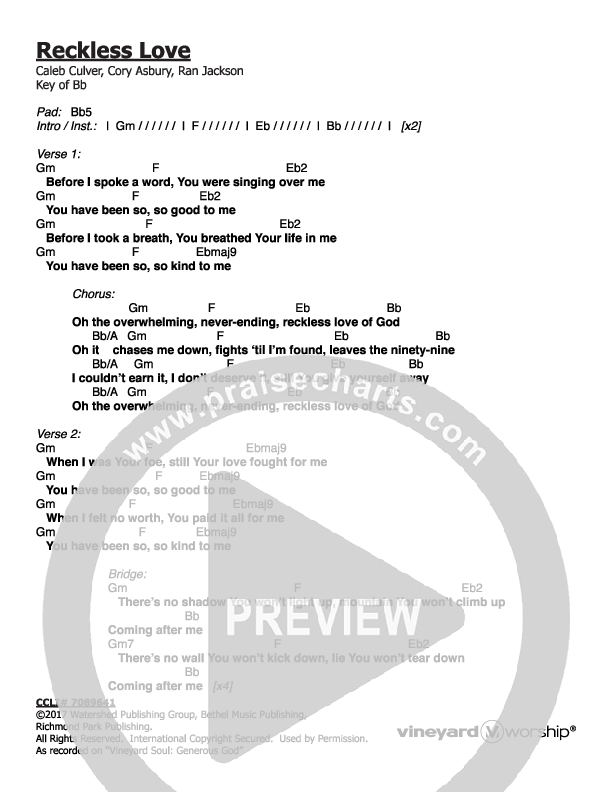 Reckless Love Chords PDF (Vineyard Music) - PraiseCharts