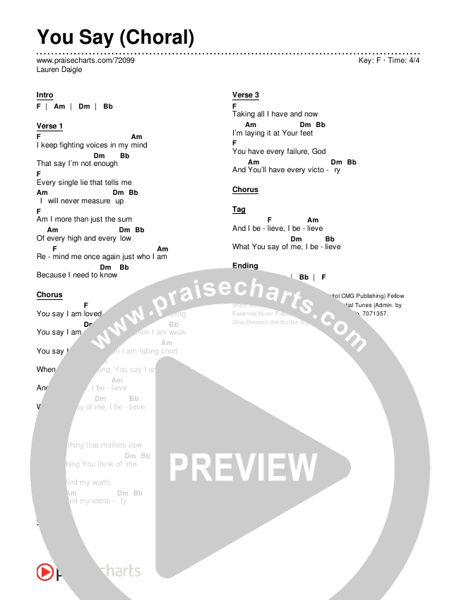 You Say (Choral Anthem SATB) Chords & Lyrics (Lauren Daigle / Arr. Luke Gambill)