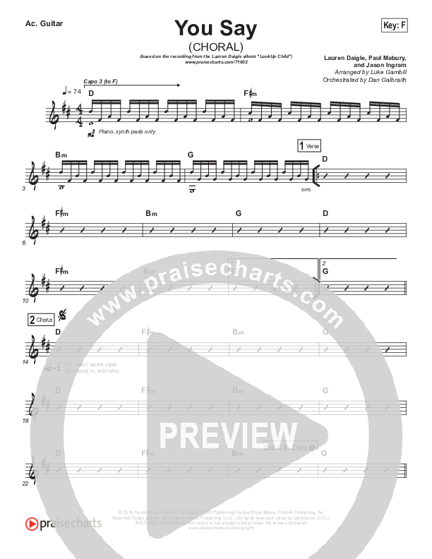 You Say (Choral Anthem SATB) Rhythm Chart (Lauren Daigle / Arr. Luke Gambill)