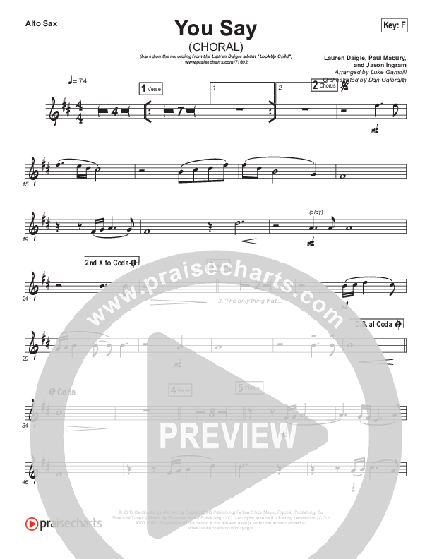 You Say (Choral Anthem SATB) Alto Sax (Lauren Daigle / Arr. Luke Gambill)