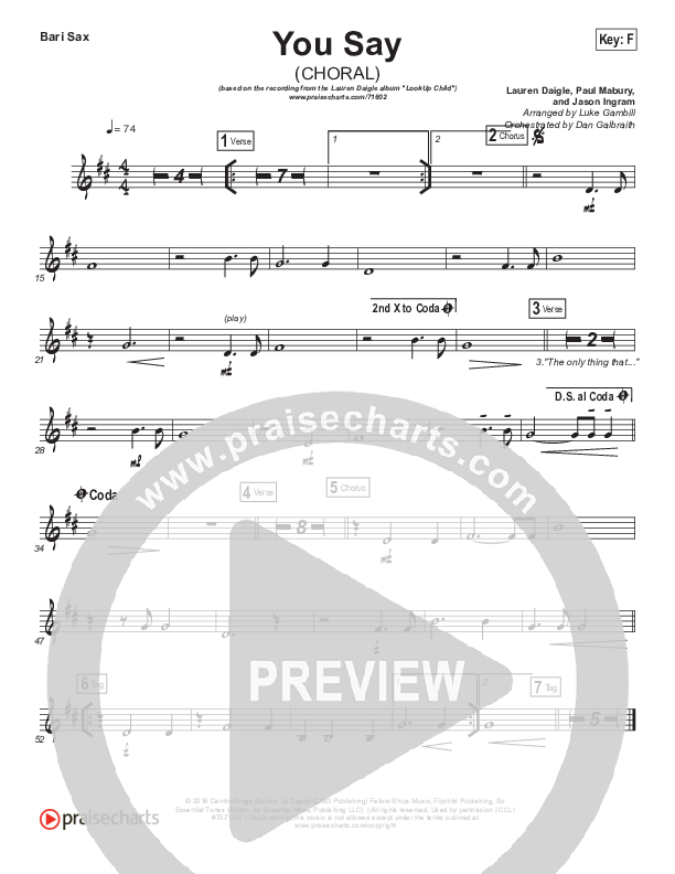 You Say (Choral Anthem SATB) Bari Sax (Lauren Daigle / Arr. Luke Gambill)