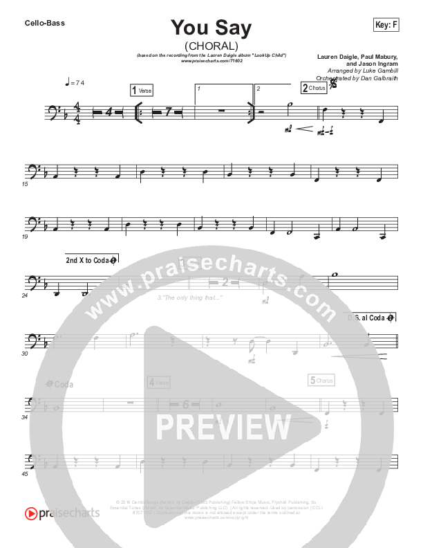 You Say (Choral Anthem SATB) Cello/Bass (Lauren Daigle / Arr. Luke Gambill)